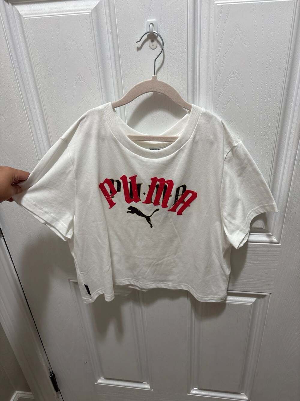 Puma Women's Gothic Graphic Logo Slim Fit Cropped T-Shirt White Size XL NWT